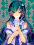  covering_mouth detached_sleeves empty_eyes frog_hair_ornament gohei green_eyes green_hair grey_background hair_ornament hair_tubes highres japanese_clothes kochiya_sanae long_hair long_sleeves looking_at_viewer lyiet miko shirt snake_hair_ornament solo touhou upper_body wide_sleeves 