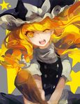  ;d blonde_hair bow braid broom broom_riding grey_background hair_bow hair_ornament hat hat_ribbon highres kirisame_marisa long_hair looking_at_viewer lyiet one_eye_closed open_mouth puffy_sleeves ribbon shirt short_sleeves side_braid single_braid skirt smile solo star touhou turtleneck upper_body vest watermark web_address witch_hat yellow_eyes 