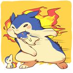  chibi crying cyndaquil evolution fiery_tail fire gen_2_pokemon highres huiro mouth_hold no_humans pokemon pokemon_(creature) quilava tail tears typhlosion 