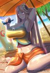 1girl arm_up armpits bikini blonde_hair blush breasts cleavage curvy female hair_ornament huge_breasts large_breasts league_of_legends leona_(league_of_legends) long_hair looking_at_viewer midriff navel red_eyes sitting smile solo swimsuit torahimemax very_long_hair wide_hips 