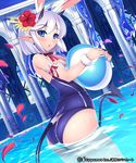  animal_ears ass ass_cutout ball beachball blue_eyes blue_swimsuit breasts bunny_ears cleavage demon_tail earrings flower hair_flower hair_ornament hibiscus horns indoors jewelry jpeg_artifacts looking_at_viewer mel/a open_mouth petals plumeria pointy_ears pool shingeki_no_bahamut short_hair silver_hair small_breasts solo swimsuit tail wading wrist_cuffs 