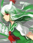  dress ex-keine green_dress green_hair grey_background highres horn_ribbon horns kamishirasawa_keine long_hair looking_at_viewer lyiet multicolored_hair open_mouth profile puffy_sleeves red_eyes ribbon scroll short_sleeves simple_background smile solo touhou two-tone_hair upper_body watermark web_address white_hair 