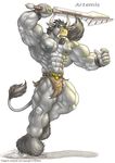  abs anthro belt biceps big_muscles black_hair black_nipples blue_eyes bovine bracelet braford cattle clothed clothing facial_hair fur grey_fur hair half-dressed hooves horn jewelry loincloth male mammal melee_weapon minotaur muscular nipples pecs solo standing sword teeth toned topless vein weapon 