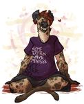  &lt;3 2015 abstract_background anthro brown_hair chubby clothed clothing digitigrade ear_piercing eyes_closed female hair hyena mammal piercing raikousou shirt shorts sitting smile solo 