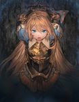  aos armor bdsm blonde_hair blue_eyes bondage bound bound_arms bruise charlotta_fenia commentary_request dress granblue_fantasy highres injury long_hair open_mouth pointy_ears puffy_sleeves solo very_long_hair 