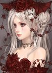  bat_wings blood bloody_tears earrings flower grey_eyes hair_bun hair_flower hair_ornament jewelry kageco long_hair looking_away necklace original plant red_lips rose solo upper_body vines white_hair wings 