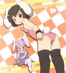  animal_ears ass bad_id bad_nicoseiga_id black_hair bunny_ears bunny_girl bunny_tail bunnysuit checkered checkered_background collar dressing english from_behind highres inaba_tewi lavender_hair long_hair mimiru_(mimill) multiple_girls red_eyes reisen_udongein_inaba short_hair sock_pull tail teeth thighhighs touhou wrist_cuffs 