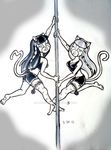  cleavage clothed clothing dancing duo feline female lips looking_at_viewer mammal meowlody monster_high pole pole_dancing purrsephone werecat 