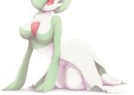  all_fours breasts creatures_(company) female game_freak gardevoir gen_3_pokemon green_hair green_skin hair_over_one_eye kanzaki_(doritoru) large_breasts looking_to_the_side nintendo no_mouth pokemon pokemon_(creature) red_eyes short_hair simple_background solo textless two-tone_skin white_background white_skin 