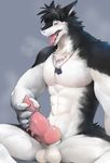  abs anthro barbs biceps big_muscles black_fur blue_eyes claws discordnight dog_tags fur grey_fur hair knot male muscular muscular_male nude pecs penis sergal sitting solo toned vu06 white_fur 
