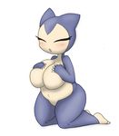  anthro belly big_breasts bit-small blush breast_squish breasts chubby cute female hand_on_chest huge_breasts kneeling nintendo overweight pok&eacute;mon short_stack simple_background snorlax solo video_games wide_hips 