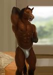  abs anthro bed bulge clothing equine eyes_closed inside male mammal monds muscular open_mouth solo standing underwear 