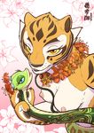  blue_eyes breasts comic cover cover_page dreamworks duo feline female female/female flower kung_fu_panda looking_at_viewer mammal master_tigress master_viper nipples plant reptile scalie snake text tiger yellow_eyes zenmigawa 