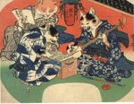  ambiguous_gender ancient_furry_art anthro biped black_fur book cat clothed clothing feline fur group japanese_clothing japanese_text kimono license_info mammal music musical_instrument open_mouth orange_fur painting_(artwork) pipe public_domain shamisen smoking_pipe tea_cup text traditional_media_(artwork) utagawa_kuniyoshi whiskers white_fur 