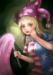  akanbe american_flag_dress amibazh blonde_hair breasts clownpiece eyebrows eyes fairy_wings green_background hat jester_cap light lips long_hair looking_at_viewer neck_ruff nose red_eyes short_sleeves small_breasts solo tongue tongue_out torch touhou very_long_hair wings 