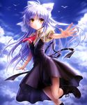  absurdres air angel_beats! black_legwear boots cosplay goto_p hair_ribbon highres kamio_misuzu kamio_misuzu_(cosplay) kneehighs long_hair outstretched_arms parted_lips ponytail ribbon school_uniform silver_hair solo tenshi_(angel_beats!) yellow_eyes 