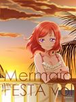  artist_name breasts cleavage cloud cloudy_sky crossed_arms dress frills hair_blowing looking_to_the_side love_live! love_live!_school_idol_project medium_breasts nishikino_maki palm_tree pirapom purple_eyes railing red_hair short_hair sky sleeveless sleeveless_dress solo sunset tree 