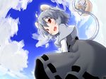  :d animal_ears basket blue_sky blush capelet cloud cloudy_sky day dress grey_hair jewelry long_sleeves mouse mouse_ears mouse_tail natsu_no_koucha nazrin necklace open_mouth red_eyes short_hair sky smile solo tail touhou 