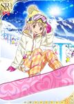  alternate_costume alternate_hairstyle artist_request coat gloves goggles goggles_on_head hair_down hat kaname_madoka mahou_shoujo_madoka_magica official_art pink_eyes pink_hair pom_pom_(clothes) sitting ski_goggles smile snow snowboard solo trading_card winter_clothes 