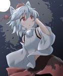  :o adjusting_hair animal_ears anime_coloring belly_peek blush breasts detached_sleeves hand_on_own_head hat inubashiri_momiji looking_afar moon natsu_no_koucha navel night pom_pom_(clothes) red_eyes short_hair skirt small_breasts solo tokin_hat touhou white_hair wolf_ears 