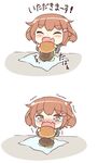  :d ^_^ brown_eyes brown_hair closed_eyes commentary fang food hair_ornament hairclip hamburger ikazuchi_(kantai_collection) kantai_collection kotanu_(kotanukiya) open_mouth short_hair smile solo tearing_up tears translated trembling wavy_mouth younger 