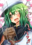  blush cape closed_eyes commentary_request eyepatch green_hair highres kantai_collection kiso_(kantai_collection) maokyu open_mouth remodel_(kantai_collection) school_uniform serafuku short_hair smile solo thumbs_down 