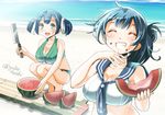  adapted_costume agano_(kantai_collection) anchor_symbol aqua_eyes bare_shoulders beach blue_hair blush breasts cleavage cleaver day eating flight_deck food fruit grin hair_up kantai_collection knife large_breasts multiple_girls navel outdoors ponytail seed smile sogabe_toshinori souryuu_(kantai_collection) squatting twintails twitter_username water watermelon wiping_face 