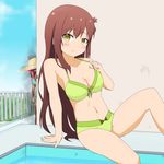  bikini brown_hair gakkou_gurashi! gobanme_no_mayoi_neko green_bikini hair_ornament hairclip hat highres long_hair mole mole_under_eye multiple_girls navel peeking_out pool sakura_megumi spoilers sun_hat swimsuit wakasa_yuuri zombie 