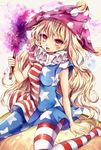  american_flag_dress american_flag_legwear bad_id bad_pixiv_id blonde_hair clownpiece fairy_wings hat jester_cap long_hair pantyhose red_eyes sitting solo torch touhou ukita_uuko very_long_hair wariza wings 