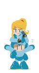  1girl blonde_hair blue_eyes blush_stickers bodysuit chibi color_connection flying_sweatdrops hakusoto jitome metroid mole mole_under_mouth ponytail rockman rockman_(character) rockman_(classic) samus_aran sidelocks simple_background smile super_smash_bros. white_background zero_suit |_| 