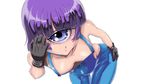  blue_eyes breasts clothes_writing cowboy_shot cyclops downblouse gloves hair_tucking highres leaning_forward looking_at_viewer manako medium_breasts monster_musume_no_iru_nichijou naked_overalls okan one-eyed overalls purple_hair simple_background solo white_background 