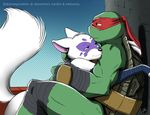  alopex anthro bakameganekko canine clothed clothing duo female fox fur green_skin half-dressed hug mammal ninja panting presenting raphael_(tmnt) reptile romantic scalie scarf teenage_mutant_ninja_turtles turtle white_fur yellow_eyes 