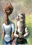  abstract_background alpaca blue_eyes brown_fur camelid clothing duo female fur hibbary male mammal shirt standing traditional_media_(artwork) white_fur 