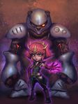  alternate_costume annie_hastur armor commentary_request crown green_eyes gundam gundam_zz haman_karn highres league_of_legends phantom_ix_row pink_hair pose qubeley tibbers 