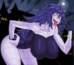  bandages bent_over breasts castle chromatic_aberration covered_nipples full_moon gen_1_pokemon gengar hanging_breasts huge_breasts long_hair moon night night_sky open_mouth pale_skin personification pokemon purple_hair red_eyes sky smile solo space_jin tongue tongue_out 