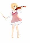  absurdres barefoot blonde_hair bow_(instrument) dress farend_ikyo highres instrument miyazono_kawori pink_dress ponytail see-through shigatsu_wa_kimi_no_uso signature solo violin yellow_eyes 