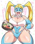  blonde_hair blue_eyes blue_leotard breasts cleavage_cutout doboshiru food huge_breasts leotard long_hair mask plump rainbow_mika smile solo street_fighter street_fighter_v translation_request twintails 