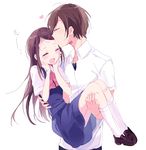  1girl bcoca black_hair brother_and_sister carrying charlotte_(anime) closed_eyes forehead_kiss kiss long_hair otosaka_ayumi otosaka_yuu princess_carry school_uniform short_hair siblings 