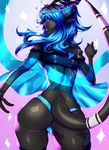  2015 anthro big_butt black_skin blue_eyes blue_hair butt clothed clothing dragon female hair hi_res horn lips long_hair looking_back nails panties shirt solo standing thong underwear wide_hips xdtopsu01 