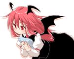  blush carrying collared_shirt demon_wings dress head_wings juliet_sleeves koakuma librarian long_hair long_sleeves natsu_no_koucha necktie papers puffy_sleeves red_eyes red_hair shirt solo touhou wings 