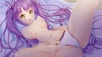  bare_legs barefoot blush breasts censored game_cg hair_ribbon ichi_makoto indoors long_hair looking_at_viewer lying mosaic_censoring navel nipples non-web_source off_shoulder on_back panties purple_hair ribbon sengoku_hime_5 shiny shiny_skin small_breasts solo spread_legs sweat twintails underwear very_long_hair white_panties yellow_eyes 