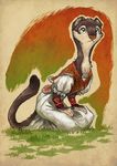  clothed clothing dress female grass keaze kneeling looking_up mammal mustelid raised_tail simple_background solo traditional_dress weasel white_dress wristband 