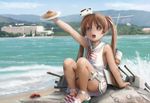  :d absurdres arm_support arm_up artist_name beach blurry brown_hair cannon crab day depth_of_field fang food head_tilt highres kantai_collection libeccio_(kantai_collection) looking_at_viewer md5_mismatch novcel open_mouth outdoors outstretched_arm panties panty_peek paravane pasta plate red_eyes seashell shell shoes shore sitting sleeveless smile solo spaghetti striped striped_panties thighs twintails underwear water 