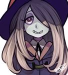  brown_hair grin hair_over_one_eye hat little_witch_academia long_hair looking_at_viewer pale_skin red_eyes signature simple_background smile solo sucy_manbavaran teanao white_background witch witch_hat 