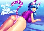  2015 animal_humanoid big_breasts blue_hair breasts butt cat_humanoid clothed clothing english_text feline female fur green_eyes hair heterochromia hi_res human humanoid long_hair looking_at_viewer looking_back mammal panties purple_fur red_eyes shirt smile solo stripes text thick_thighs underwear white_fur xdtopsu01 