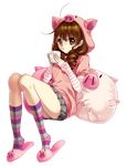  brown_eyes brown_hair cup dalzzam full_body hood hoodie kneehighs miniskirt original pig_hood pleated_skirt sitting skirt slippers solo striped striped_legwear stuffed_animal stuffed_pig stuffed_toy transparent_background 