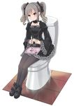  drill_hair eating food gothic_lolita handkerchief high_heels highres idolmaster idolmaster_cinderella_girls kanzaki_ranko kazu lolita_fashion long_hair onigiri pantyhose red_eyes silver_hair solo strappy_heels toilet toilet_seat twin_drills twintails 