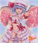  adapted_costume alternate_costume arm_ribbon artist_name ascot bat_wings bra cheerleader copyright_name detached_collar fangs hat hat_ribbon heart lavender_hair leg_garter looking_at_viewer marker_(medium) mayo_riyo midriff mob_cap navel open_mouth outstretched_arm overskirt panties pastel_(medium) pink_bra pink_panties pointy_ears pom_poms red_eyes remilia_scarlet ribbon short_hair smile solo touhou traditional_media underwear wings 