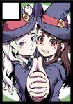  :d blonde_hair blue_eyes blush border brown_hair cheek-to-cheek diana_cavendish hat holding_hands interlocked_fingers kagari_atsuko little_witch_academia long_hair multiple_girls open_mouth red_eyes smile uirou_(uirou1) witch witch_hat 
