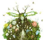  antlers bug butterfly chrysanthemum flower flower_wreath green_hair green_skin insect lily_(flower) long_hair monaka_(siromona) original pointy_ears simple_background solo upper_body white_background 